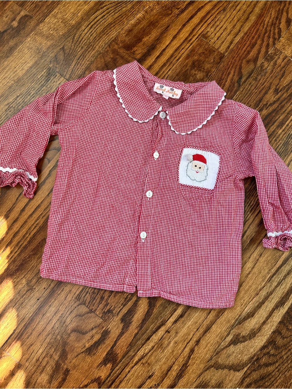 Smock Monkey Christmas Santa Gingham Seersucker Ruffle Shirt 2T Boutique